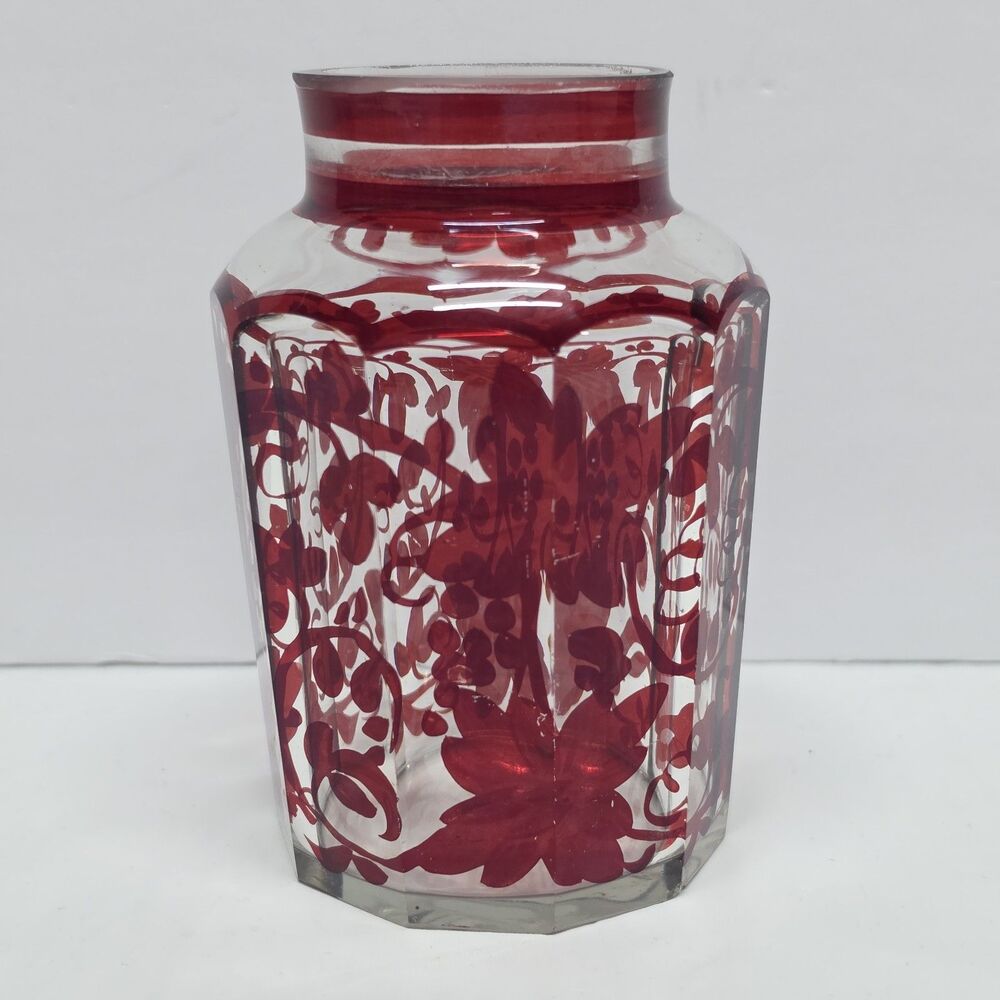1880 ANTIQUE VICTORIAN BOHEMIAN CUT GLASS PICKLE PRESERVING JAR RED VINE PATTERN
